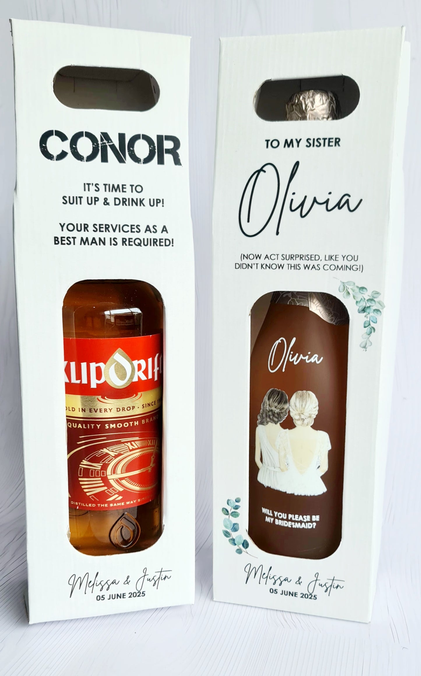 White Personalized Wine Box & Personalized Champagne Bottle