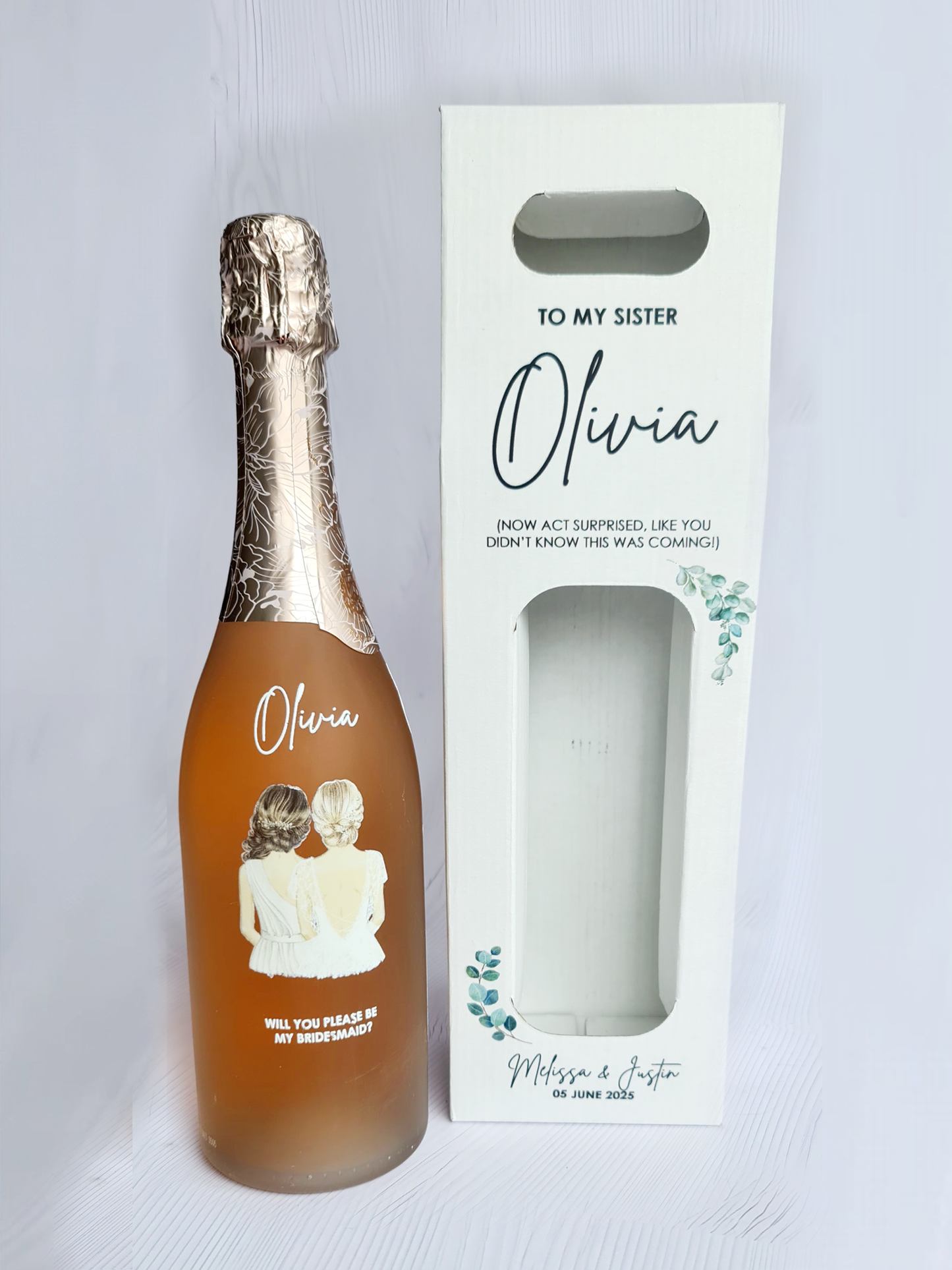 White Personalized Wine Box & Personalized Champagne Bottle
