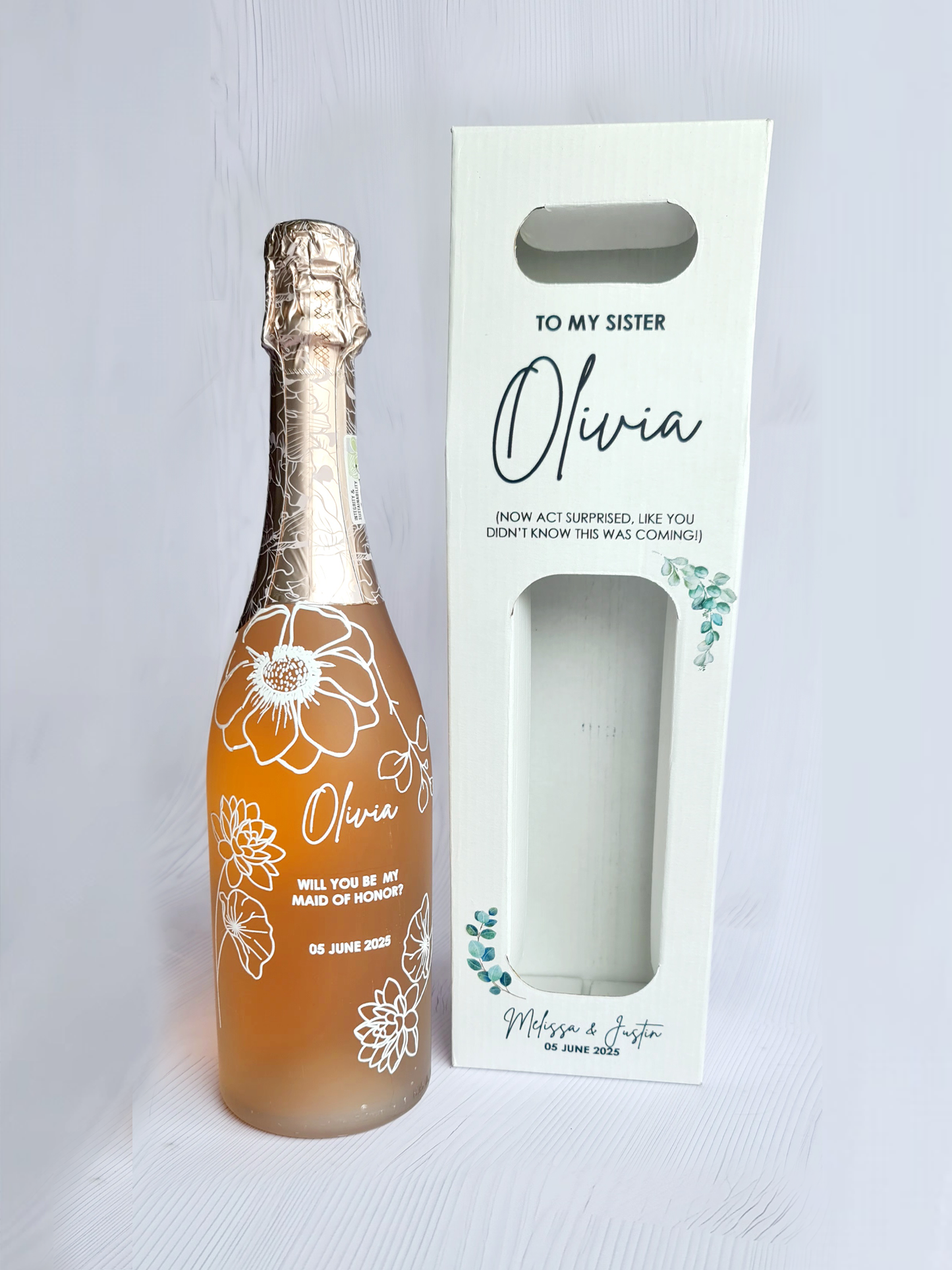 White Personalized Wine Box & Personalized Champagne Bottle
